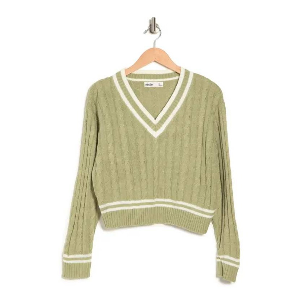 Elodie Sage Green Cable Knit Varsity V Neck Cropped‎ Sweater Women's M Preppy